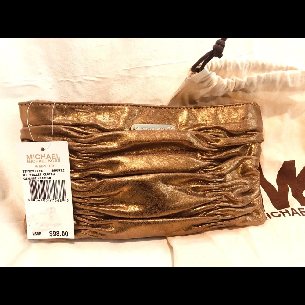 Michael Kors Metallic Gold Ruched Leather Clutch